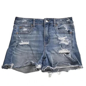 American Eagle Jean Shorts Hi-Rise Shortie Blue Denim Super Stretch Distressed 8
